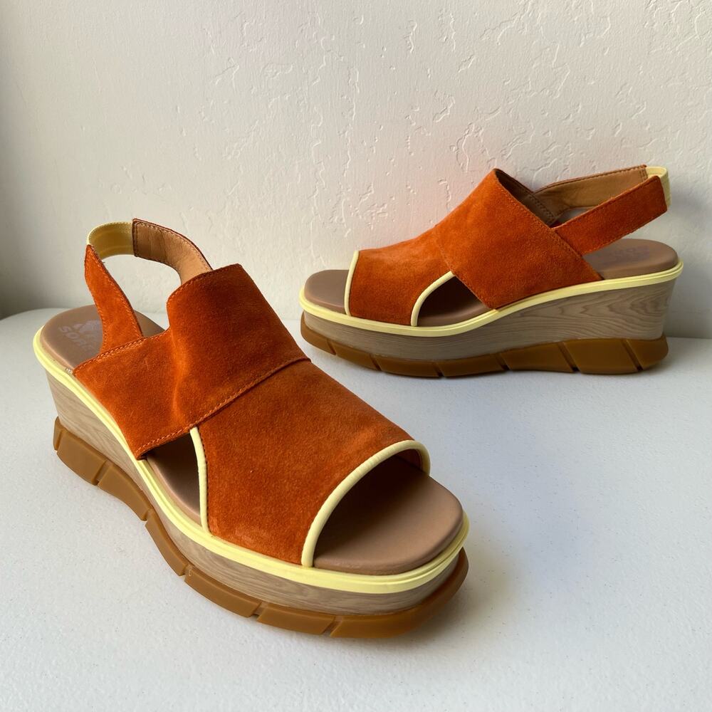 Sorel Joanie lll Sandals Women's 10.5 Orange Suede Slingback Wedge Platform NEW